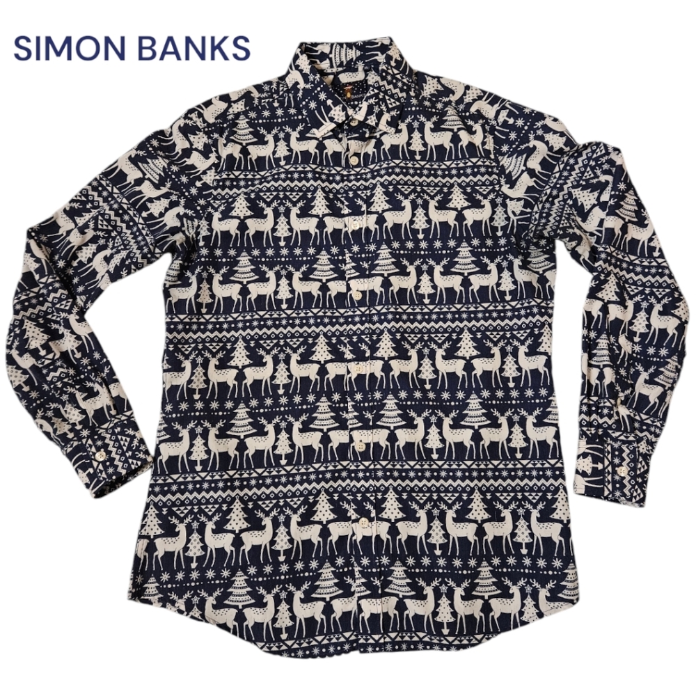 Simon Banks Holiday Reindeer Button Down LS Shirt
